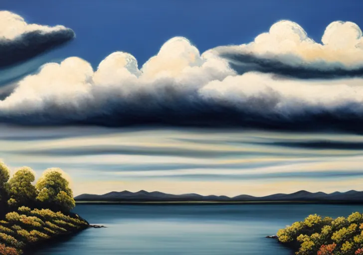 Ize a serene, clear mind depicted as a tranquil lake, with dark clouds (representing negative thoughts) being swept away by a gentle, cleansing breeze, leaving a vibrant, sunny sky