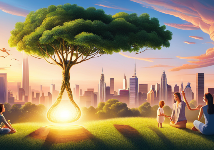 Ate a glowing AI robot hand planting a tree in a flourishing park, with diverse people enjoying the surroundings, symbolizing growth, harmony, and positive interaction between AI and society