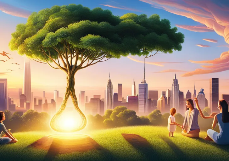 Ate a glowing AI robot hand planting a tree in a flourishing park, with diverse people enjoying the surroundings, symbolizing growth, harmony, and positive interaction between AI and society
