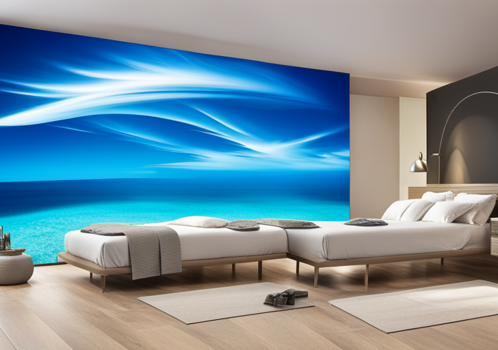 An image featuring a person dressed in varying shades of blue, surrounded by blue objects, all against a serene, azure sky and sapphire blue sea backdrop