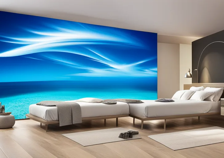 An image featuring a person dressed in varying shades of blue, surrounded by blue objects, all against a serene, azure sky and sapphire blue sea backdrop