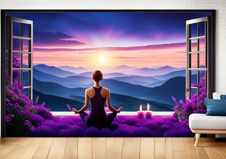 An image featuring a person meditating in a room filled with various shades of purple, including lavender candles, amethyst crystals, and a stunning indigo sunset streaming through the window