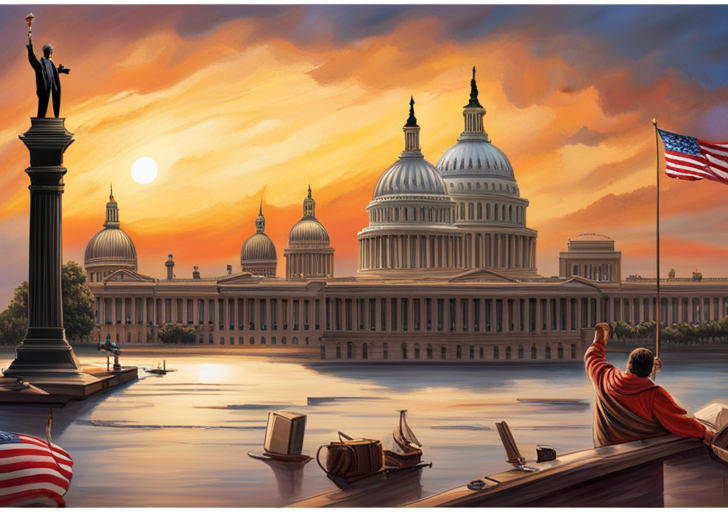 Ate a scale balancing a parchment scroll (symbolizing the constitution) and diverse citizens, against a backdrop of the American flag and iconic national monuments
