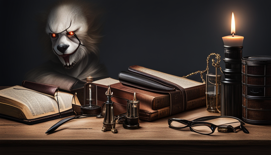 An ominous image featuring a weathered hardcover book, a flickering candle, a pair of glasses, and shadowy figures of Pennywise, a rabid Saint Bernard, and a vintage car