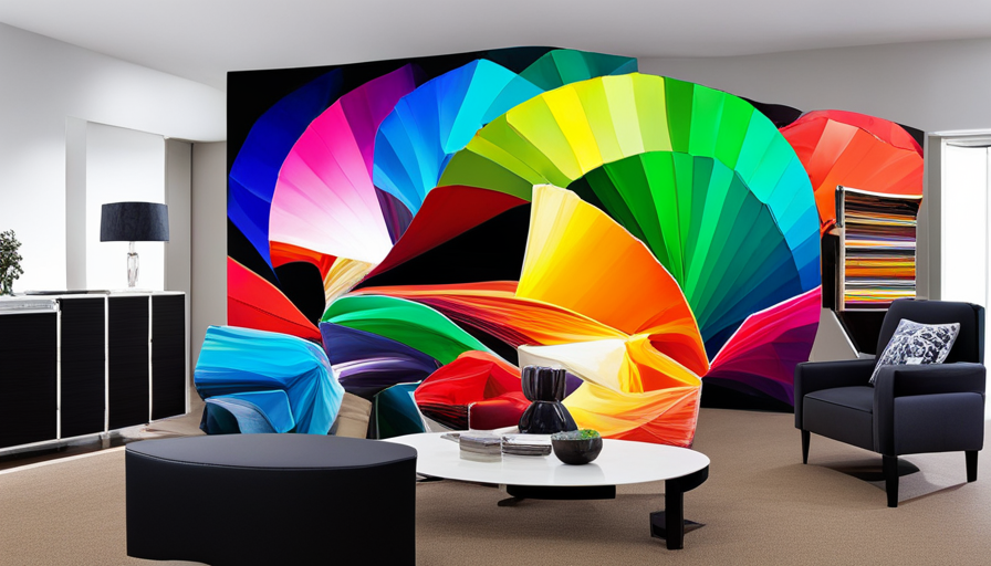 An image featuring a vibrant color wheel showcasing numerous shades, surrounded by diverse individuals pointing towards their favorite colors, expressing joy and satisfaction