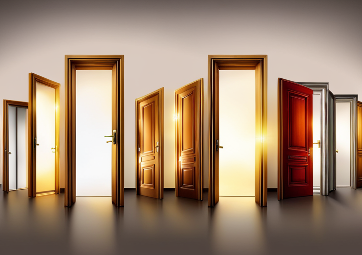 Ate seven different doors in a row, each representing a day of the week, with one door slightly ajar and glowing with warm, inviting light