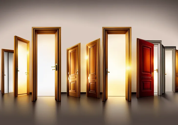 Ate seven different doors in a row, each representing a day of the week, with one door slightly ajar and glowing with warm, inviting light