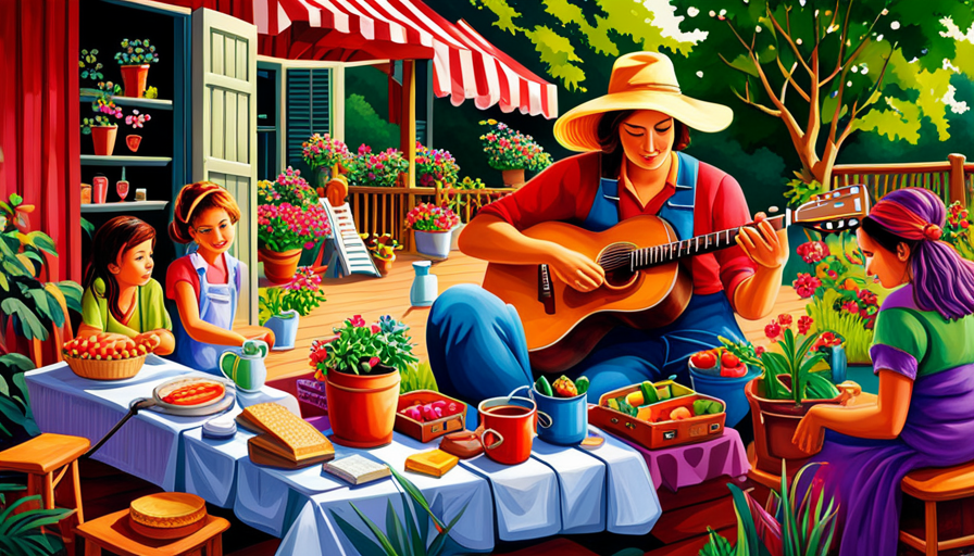 An image showcasing a variety of hobbies: painting, playing guitar, baking, gardening, and reading