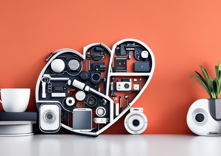 An image depicting a variety of popular technology items, such as smartphones, laptops, game consoles, smartwatches, and a pair of headphones, all positioned in a heart shape