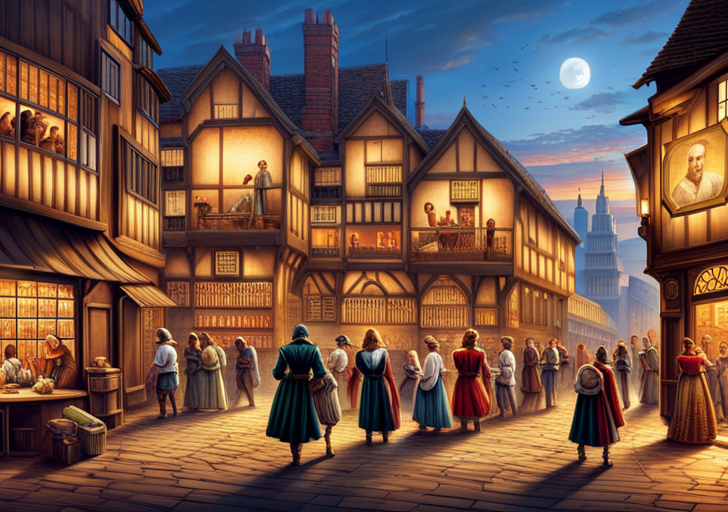 E an image featuring a diverse group of people engrossed in various Shakespearean plays, with iconic symbols like a skull, quill, and the Globe Theatre in the background