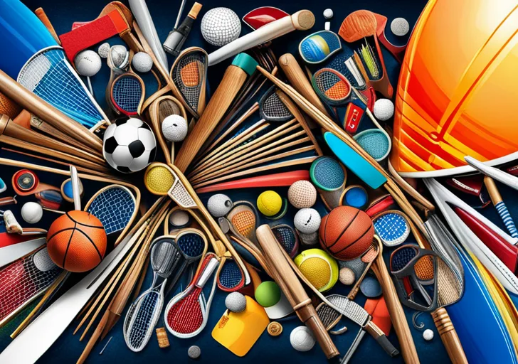 An image featuring various sports equipment like basketball, soccer ball, tennis racket, baseball bat, golf club, and a surfboard, all overlapping in a vibrant, energetic collage