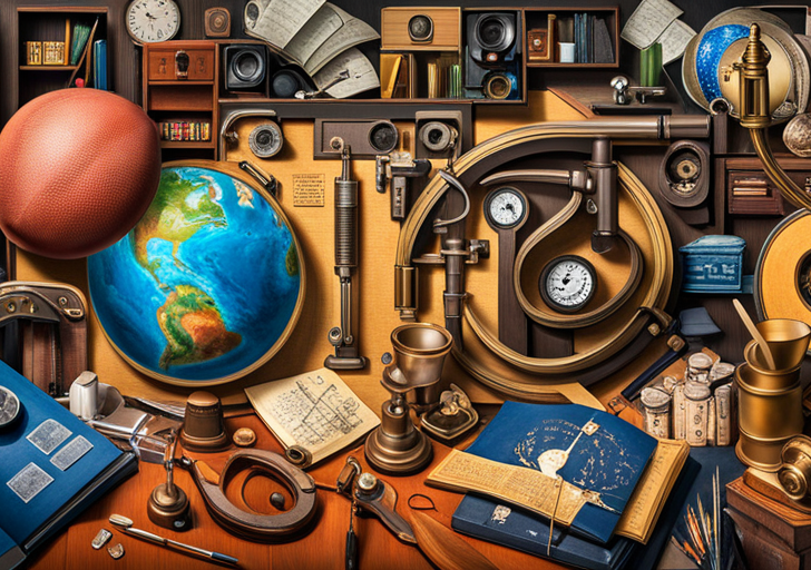 Se collage of school subjects: a microscope, a globe, a paintbrush dipped in color, a historical monument, a mathematical formula, musical notes, and a football