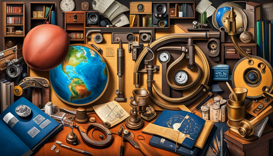 Se collage of school subjects: a microscope, a globe, a paintbrush dipped in color, a historical monument, a mathematical formula, musical notes, and a football