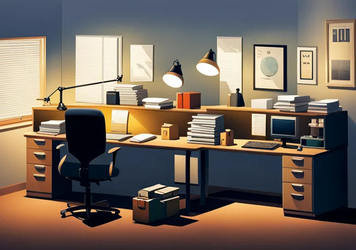 An image featuring a gloomy office cubicle, cluttered with papers and an old computer, a dim desk lamp, and a half-empty coffee cup