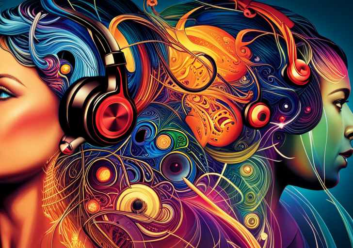 An image showcasing diverse individuals wearing headphones, immersed in their own worlds, with vibrant musical notes and instruments emerging from their heads against a serene background