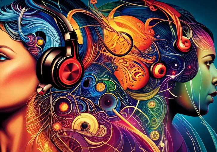 An image showcasing diverse individuals wearing headphones, immersed in their own worlds, with vibrant musical notes and instruments emerging from their heads against a serene background