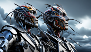 distressed humanoid robot with its head open, revealing a chaotic jumble of wires, amidst a background of dark, ominous storm clouds