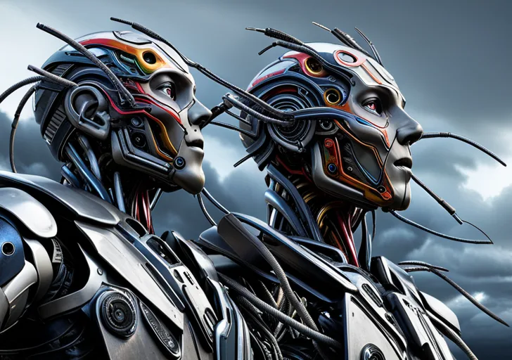  distressed humanoid robot with its head open, revealing a chaotic jumble of wires, amidst a background of dark, ominous storm clouds