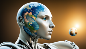 Oid robot gently cradling a small, fragile globe, depicting Earth, with a contemplative facial expression