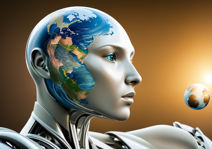 Oid robot gently cradling a small, fragile globe, depicting Earth, with a contemplative facial expression