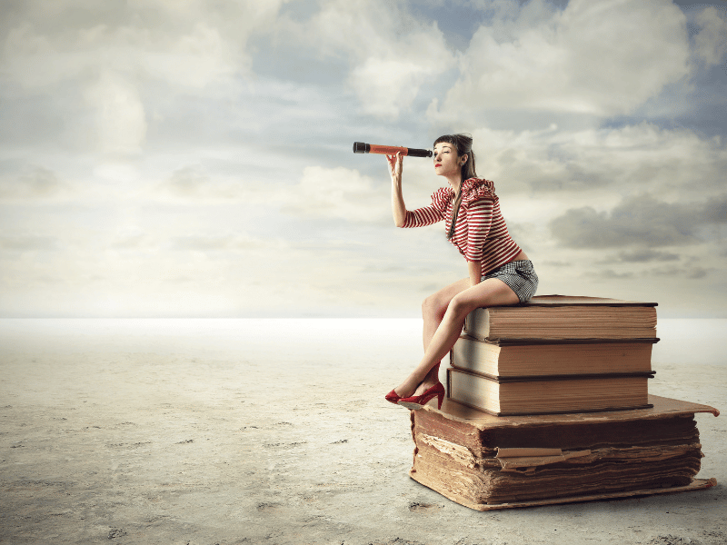 A woman looking through a telescope to observe what Earth will look like in 100 years.