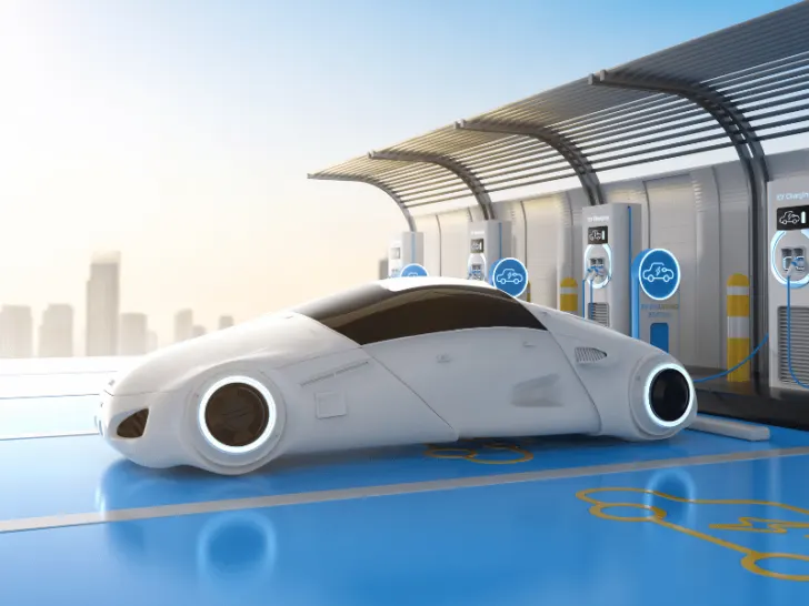 A futuristic electric car is parked at a station, envisioning what cars will look like in 100 years.