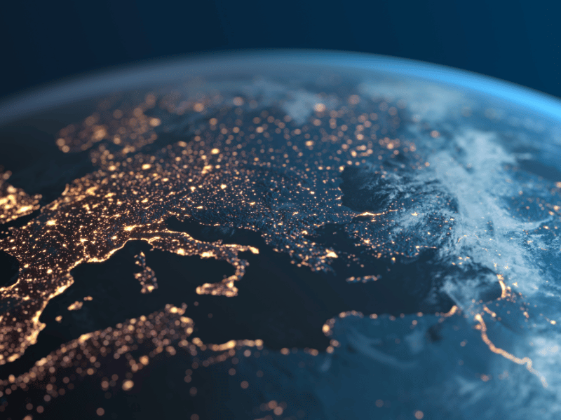 The earth at night with lights on it, showing glimpses of what Europe will look like in 100 years.