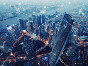 The futuristic city of Shanghai is shown with a network of connections, offering a glimpse into what the business world may be like in 100 years.