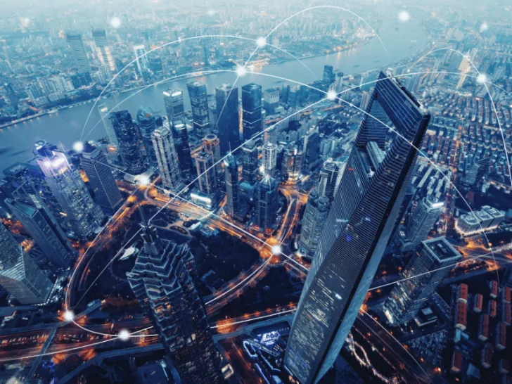 The futuristic city of Shanghai is shown with a network of connections, offering a glimpse into what the business world may be like in 100 years.