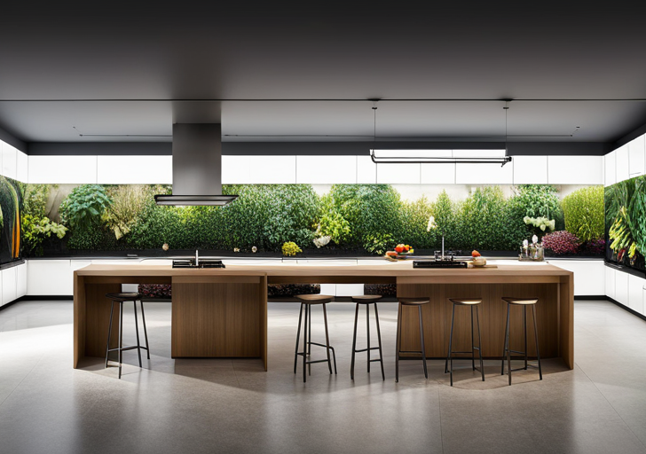 Ize a futuristic, high-tech kitchen with automated robots preparing food, hydroponic gardens growing vegetables, and digital displays showing nutritional content of meals