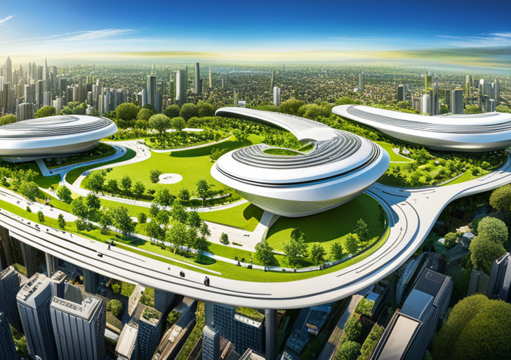 Of a futuristic, eco-friendly cityscape with flying cars, lush green spaces, diverse citizens interacting harmonically, and high-tech, sustainable buildings under a clean, blue sky