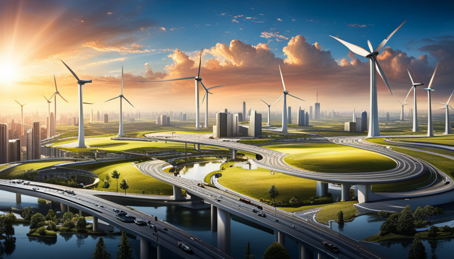 E showing a futuristic city powered by wind turbines, solar panels, and underground geothermal energy, with electric cars and drones in the foreground, under a clear, pollution-free sky