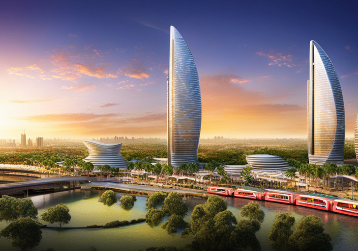 Ize a futuristic African cityscape with advanced tech, lush green landscapes, solar-powered buildings, a thriving wildlife, high-speed bullet trains, and people in futuristic African attire