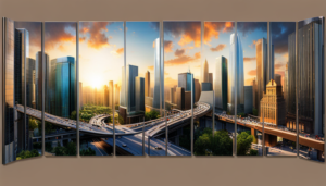 futuristic cityscape with advanced technology, diverse people, green energy sources, high-speed transportation, and skyscrapers intertwined with lush greenery, reflecting America in 100 years