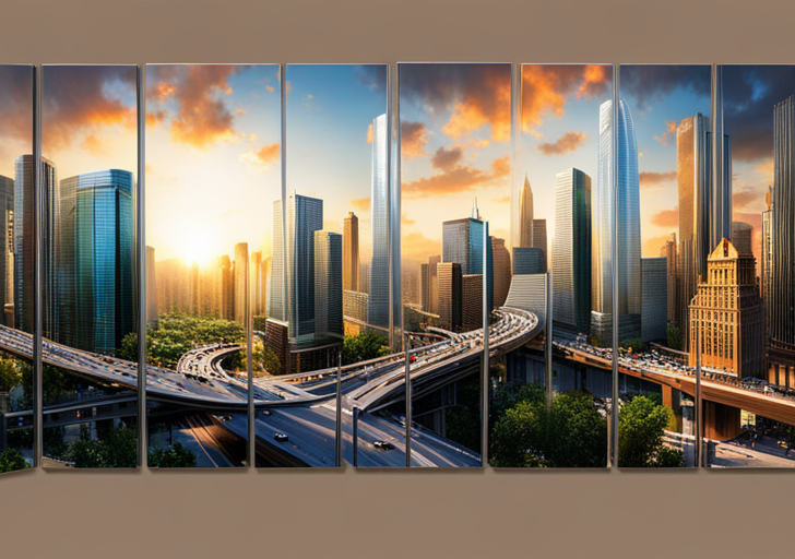  futuristic cityscape with advanced technology, diverse people, green energy sources, high-speed transportation, and skyscrapers intertwined with lush greenery, reflecting America in 100 years