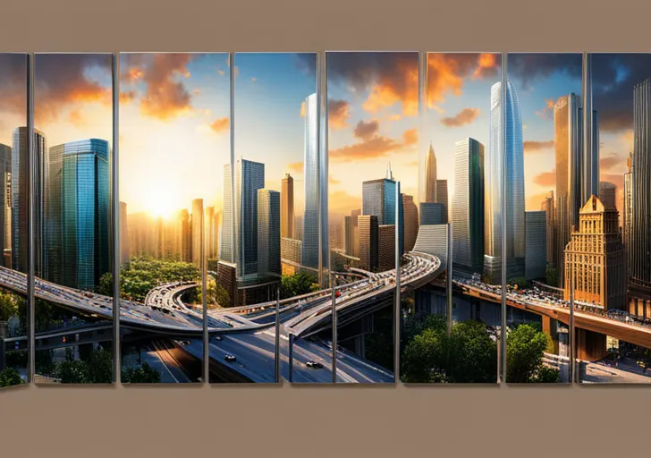  futuristic cityscape with advanced technology, diverse people, green energy sources, high-speed transportation, and skyscrapers intertwined with lush greenery, reflecting America in 100 years