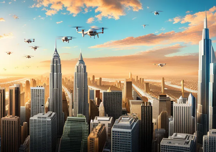  a futuristic cityscape filled with AI-controlled drones, robots engaging in various jobs, autonomous vehicles, and humans interacting seamlessly with advanced holographic interfaces