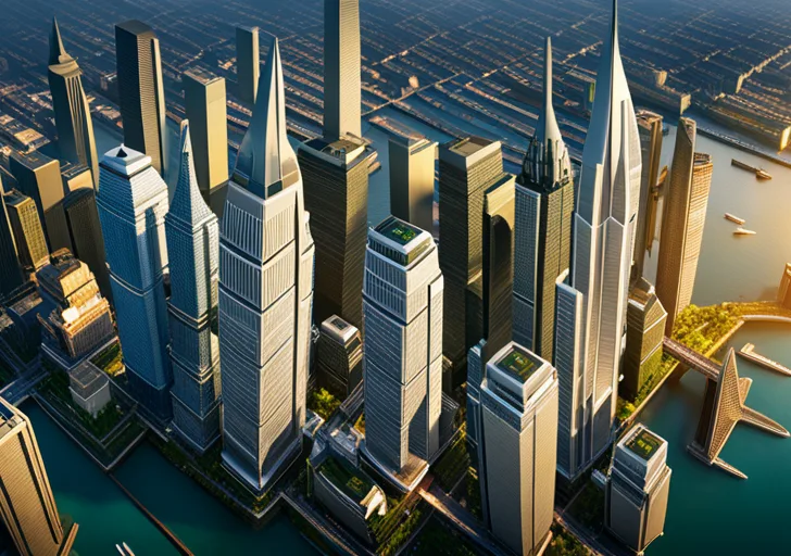 Futuristic cityscape, with towering skyscrapers, sprawling across the horizon, advanced transportation systems, and diverse crowds