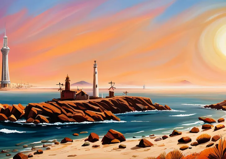 Lifornian coastline with half submerged iconic landmarks, vibrant desert flora, solar panels, windmills, people in futuristic clothing and a visible heat haze