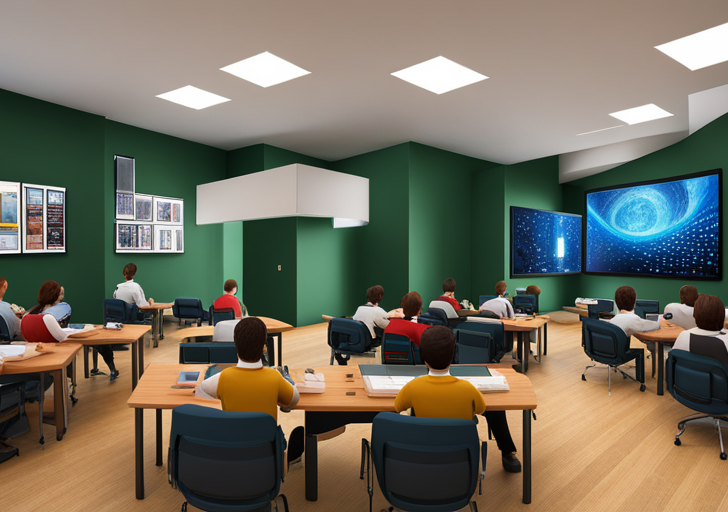  an image featuring a futuristic classroom, with holographic dictionaries, AI teachers, diverse students communicating through tech devices, and symbols of old English literature fading into pixelated modernity