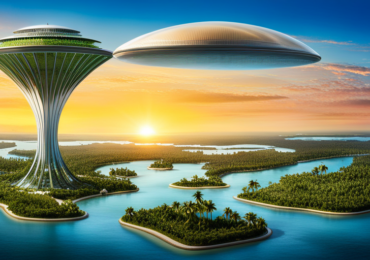  futuristic Florida with elevated glass cities, lush mangrove forests, populated underwater habitats, and solar-powered airships floating under a radiant sun