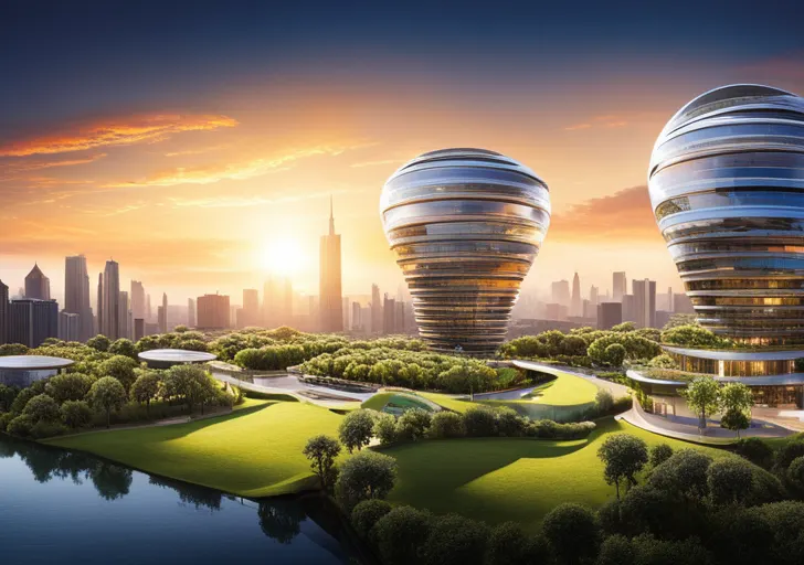 An image featuring futuristic houses with solar panels, lush rooftop gardens, hovering capabilities, and AI-controlled systems against a backdrop of a clean, green cityscape