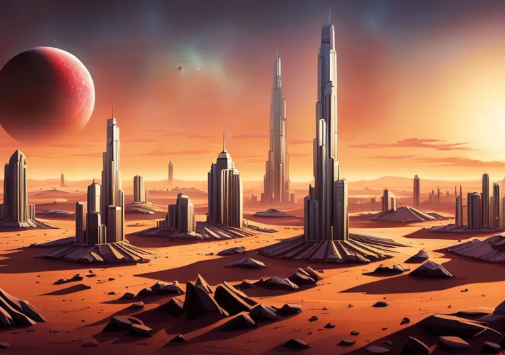 Ze a bustling Martian city with advanced technology and infrastructure, greenhouses with thriving vegetation, humans in futuristic attire, and robots working harmoniously together against a red Martian landscape