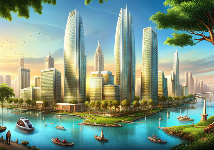  futuristic green city with towering trees, solar-powered buildings, people traveling in hover-cars, and robots doing gardening in a park filled with exotic, bio-engineered plants and animals
