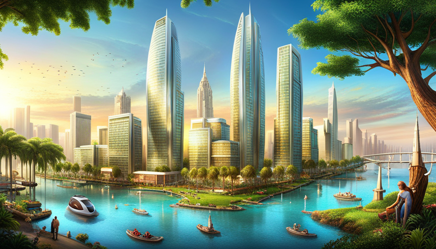 futuristic green city with towering trees, solar-powered buildings, people traveling in hover-cars, and robots doing gardening in a park filled with exotic, bio-engineered plants and animals