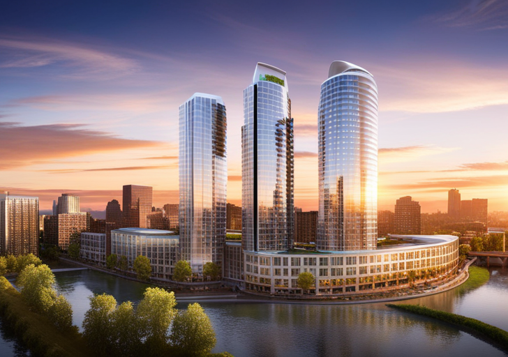  futuristic Portland skyline with lush greenery, advanced sustainable architecture, self-driving vehicles, solar-powered trams, and thriving wildlife along the Willamette River