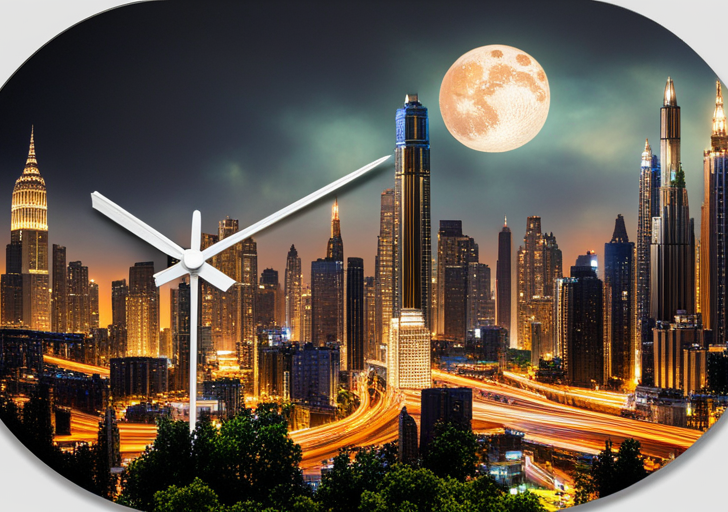  half-eroded stone clock on a deserted, overgrown cityscape with futuristic, decaying skyscrapers under a star-filled sky, hinting at advanced civilizations long gone