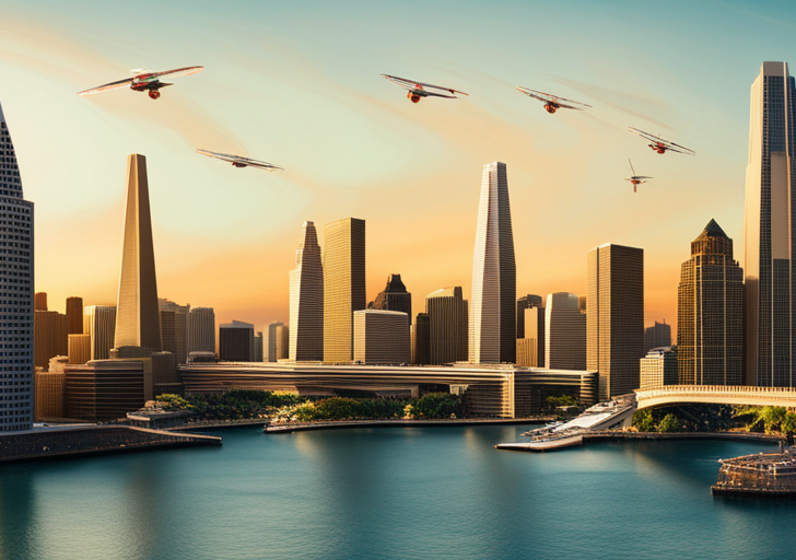  futuristic San Francisco skyline with skyscrapers covered in greenery, autonomous flying vehicles, and a Golden Gate Bridge powered by renewable energy