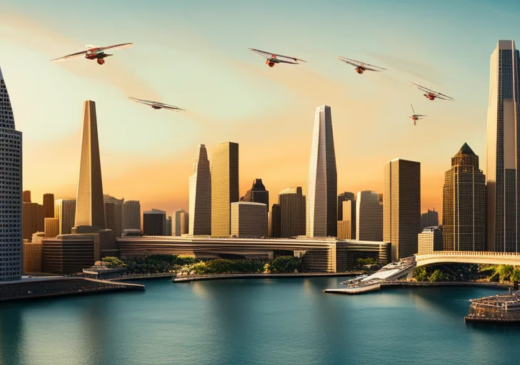  futuristic San Francisco skyline with skyscrapers covered in greenery, autonomous flying vehicles, and a Golden Gate Bridge powered by renewable energy