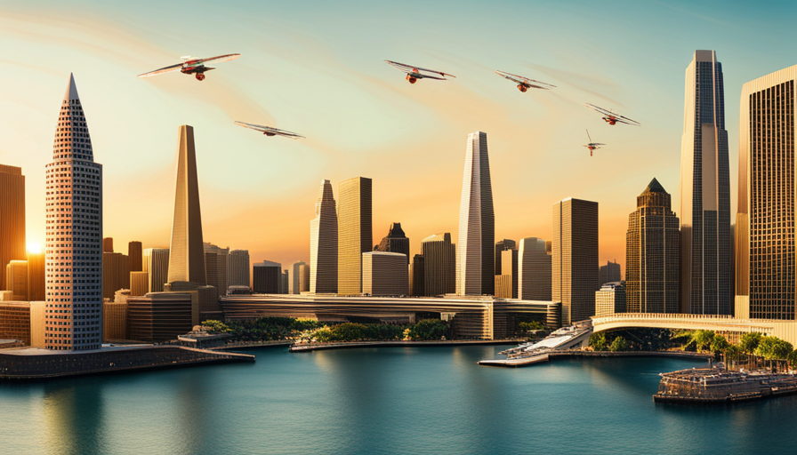 futuristic San Francisco skyline with skyscrapers covered in greenery, autonomous flying vehicles, and a Golden Gate Bridge powered by renewable energy